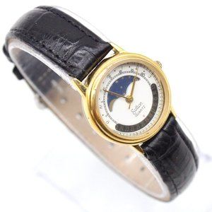 Vintage Sulton Moonphase Watch Womens Gold Tone Steel Classic Black Leather Band